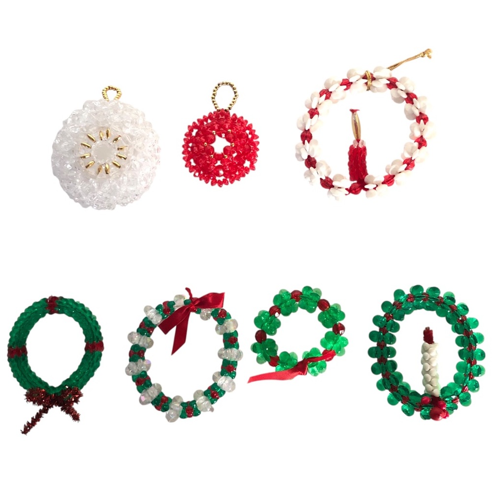 VINTAGE 70s 80s Lot of 7 Handmade Beaded Wreath and Candle Christmas Ornaments